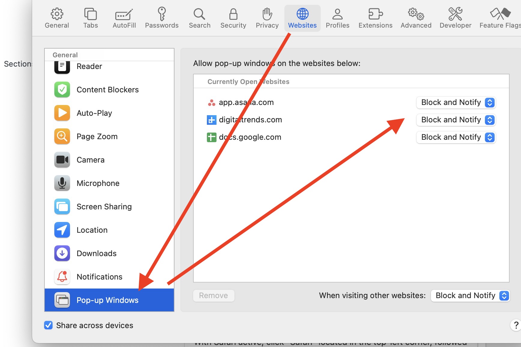 Pop-up settings in macOS Safari.